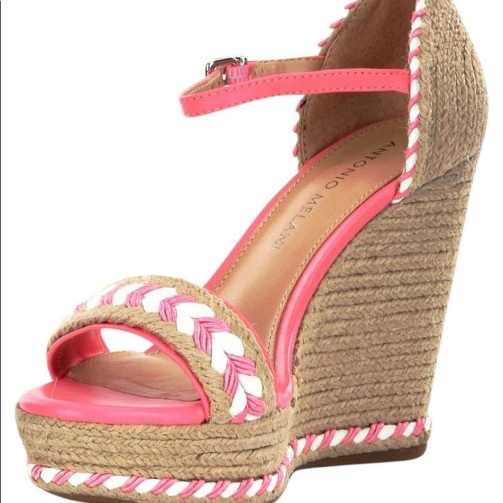 ANTONIO MELANI Pink and White Braided Espadrille Wedges